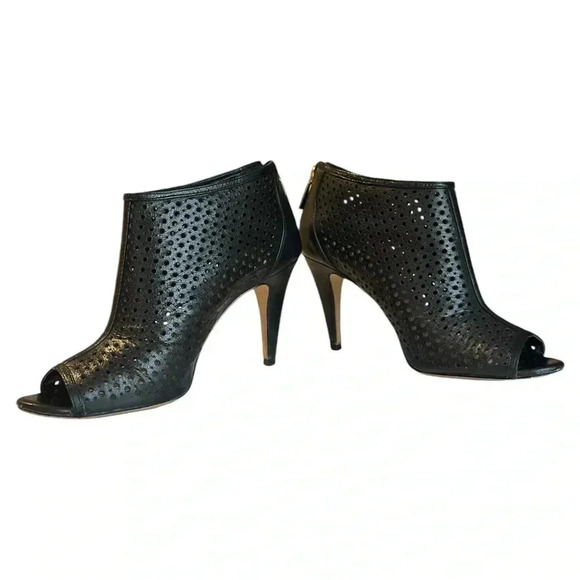 Banana Republic Heeled‎ Peep Toe Leather Heels Black Gold Zipper Size 7.5 - Picture 1 of 8